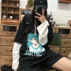 Sale Black Anime Girl Japanese Print Loose Shirt