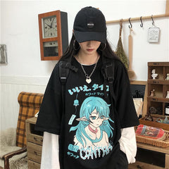 Sale Black Anime Girl Japanese Print Loose Shirt
