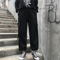 Sale Black Big Pockets Loose High Waist Retro Pants