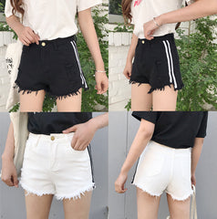 Venta de pantalones cortos vaqueros rotos con rayas laterales negras