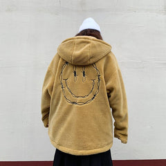 Sale Black Yellow Faux Plush Fur Embroidered Back Jacket