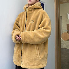 Sale Black Yellow Faux Plush Fur Embroidered Back Jacket