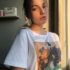 Sale Cat Bites Flowers Van Gogh Oilpaint Print T-Shirt