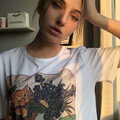 Sale Cat Bites Flowers Van Gogh Oilpaint Print T-Shirt