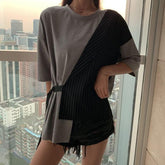 Sale Contrast Stitched Striped Irregular White T-Shirt