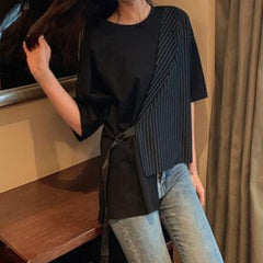 Sale Contrast Stitched Striped Irregular White T-Shirt