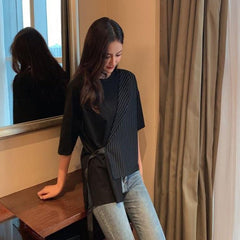 Sale Contrast Stitched Striped Irregular White T-Shirt