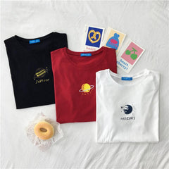 Sale Cute Planet Print Loose Round Neck T-Shirt