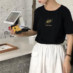 Sale Cute Planet Print Loose Round Neck T-Shirt