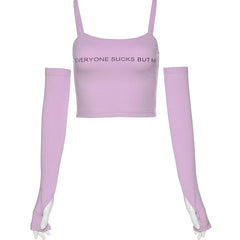 Sale Everyone Sucks But Me Pink Crop Top With Separate Sleeves