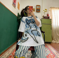 Sale Grunge Aesthetic Spray Paint Print Loose T-Shirt