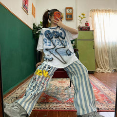 Sale Grunge Aesthetic Spray Paint Print Loose T-Shirt