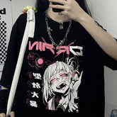 Sale Japanese Horror Anime Girl Print Loose Black T-Shirt