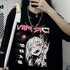 Sale Japanese Horror Anime Girl Print Loose Black T-Shirt
