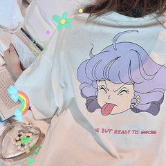 Sale Kawaii Anime Girl Print Oversized White T-Shirt