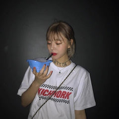 Sale Kichwork Checkered Print Letters Cotton Oversized T-Shirt