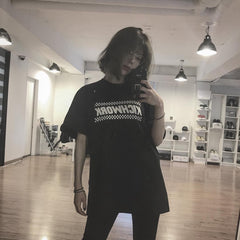 Sale Kichwork Checkered Print Letters Cotton Oversized T-Shirt