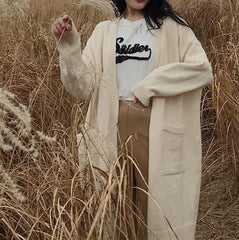 Cárdigan largo extragrande con volantes y bolsillos de punto en oferta