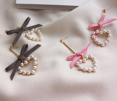 Sale Metallic Thin Stick Lace Bow Pearl Hearts Earrings