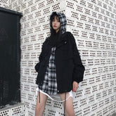 Sale Plaid Hood Fake Two Piece Korean Fashion Loose Jacket