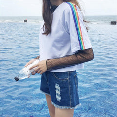 Sale Rainbow Stripe Line White Cotton T-Shirt