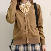 Sale Solid Color V-Neck Brown Knitted Cardigan