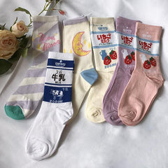 Sale Sweet Moon Strawberry Embroidery Cotton Socks