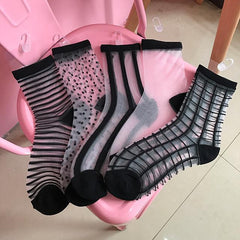 Sale Transparent Thin Style Black Knit Details Socks