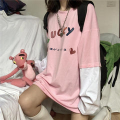 Sale Tumblr Rainbow Lucky Print Fake Two Piece T-Shirt