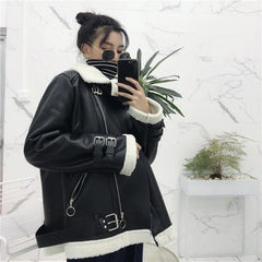 Sale White Faux Fur Leather Zipper Motorcycle Warm Outwear Jacket
