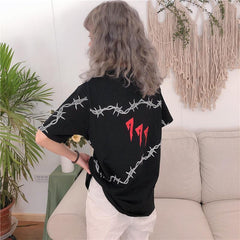 Sale Wire Letters Print Black Pink Loose T-Shirt