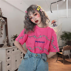 Sale Wire Letters Print Black Pink Loose T-Shirt
