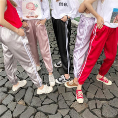 Satin Shiny Pastel Colours Side Sport Stripes Elastic Pants