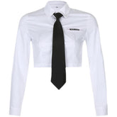 School Outfit White Cropped Shirt With Black Tie