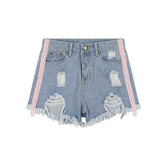 Side Pink Lines Light Blue Denim Holes Jean Shorts