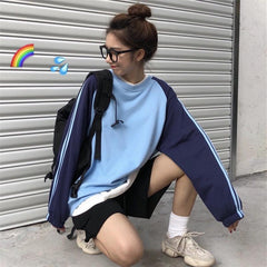 Side Stripes Blue Color Block Oversized Sweatshirt
