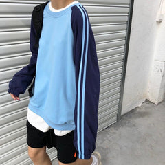 Side Stripes Blue Color Block Oversized Sweatshirt