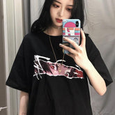 Sight Cartoon Anime Print Black Oversized T-Shirt