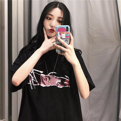 Sight Cartoon Anime Print Black Oversized T-Shirt