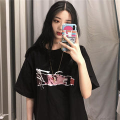 Sight Cartoon Anime Print Black Oversized T-Shirt