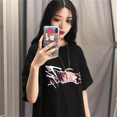 Sight Cartoon Anime Print Black Oversized T-Shirt