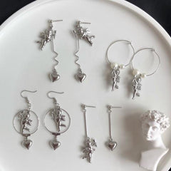 Silver Angels And Hearts Hook Stud Earrings