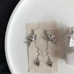 Silver Angels And Hearts Hook Stud Earrings