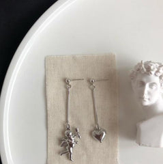 Silver Angels And Hearts Hook Stud Earrings