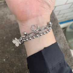 Silver Bear Pendant E Girl Double Chain Bracelet