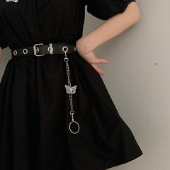 Cinturón negro estético Egirl con cadena de mariposa plateada