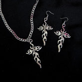 Silver Flames Cross Earrings Chain Necklace
