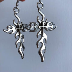 Silver Flames Cross Earrings Chain Necklace