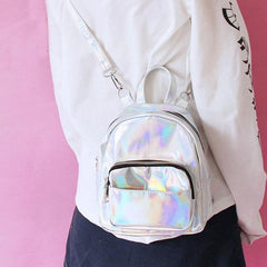 Silberner holografischer Laser-Rucksack mit zwei Reißverschlussarten