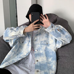 Sky Blue Tie Dye Pattern Denim Oversized Jacket